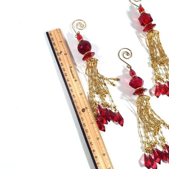 Hand Made Beaded Ornaments Vintage Gold Red Tree Decoration Classic Christmas - Picture 3 of 5